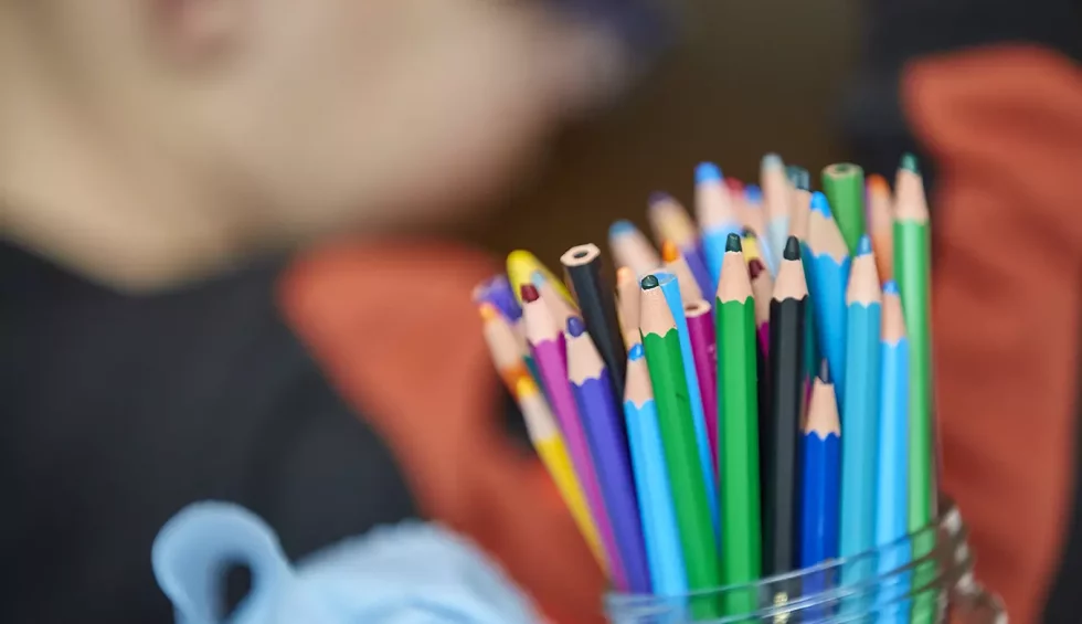 Diverse kleuren potloden in pot.webp